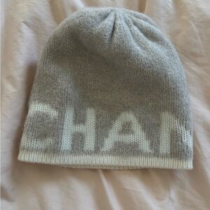 CHANEL Gray and White Knit Beanie